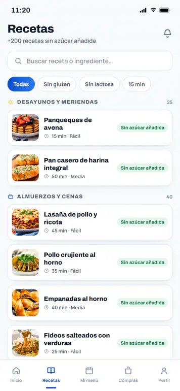 Pantalla de la app con las recetas agrupadas por momento del día