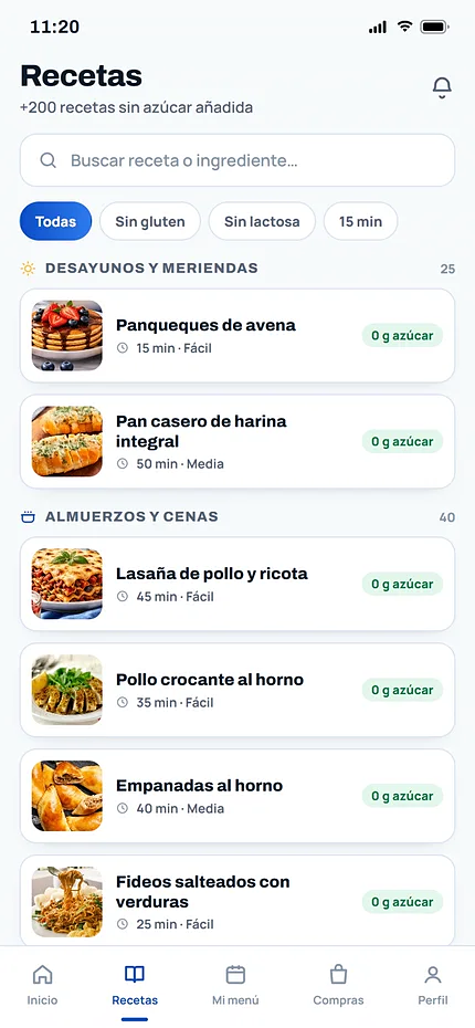 Pantalla de la app con las recetas agrupadas por momento del día