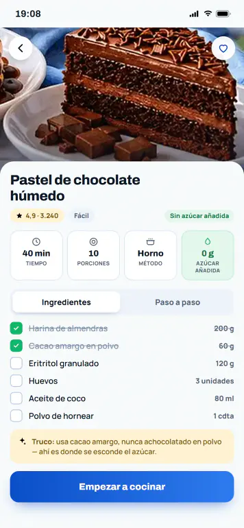 Ficha de receta con tiempo, porciones, método de cocción, ingredientes y paso a paso
