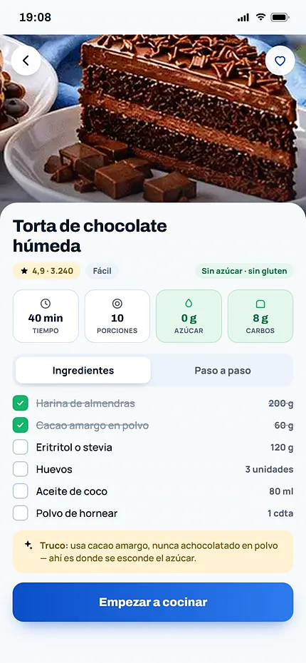 Ficha de receta con tiempo, porciones, azúcar, carbohidratos e ingredientes
