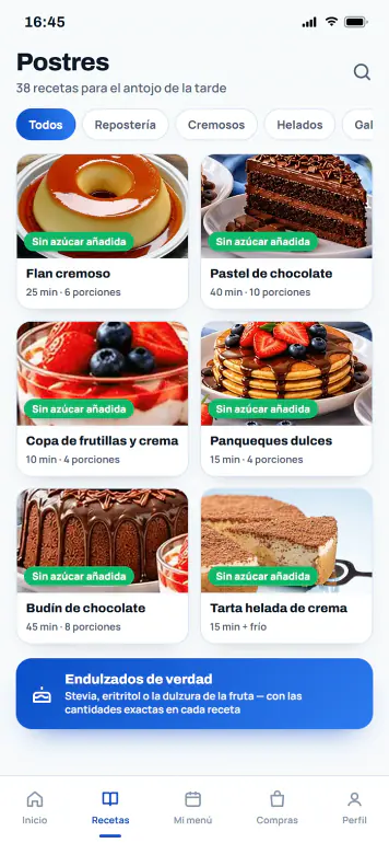 Sección de postres sin azúcar de la app, en cuadrícula de fotos