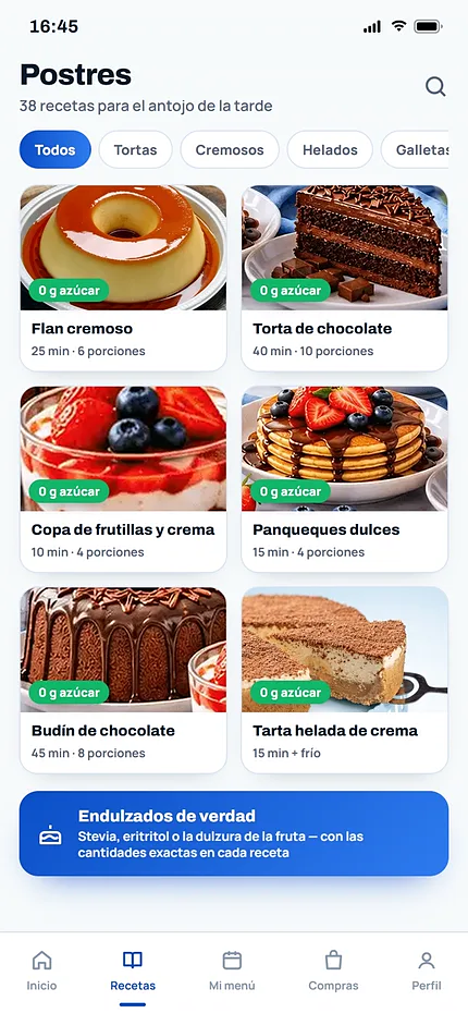Sección de postres sin azúcar de la app, en cuadrícula de fotos