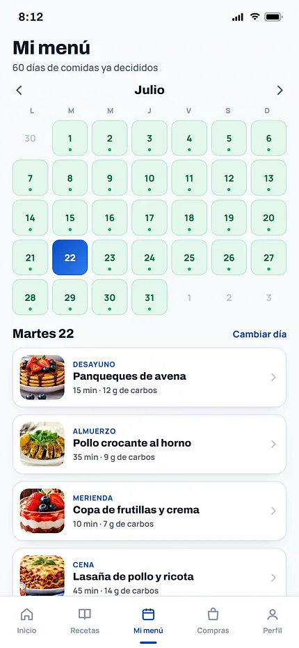 Calendario del menú de 60 días con las comidas de cada día