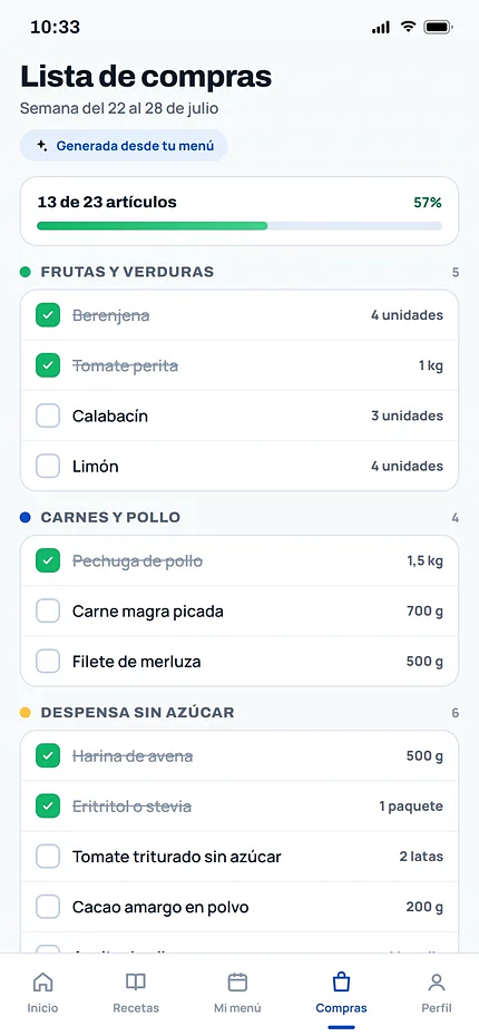 Lista de compras generada automáticamente y agrupada por sección
