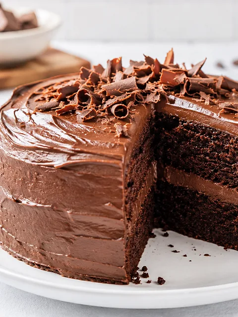 Pastel de chocolate con una porción cortada y las capas a la vista