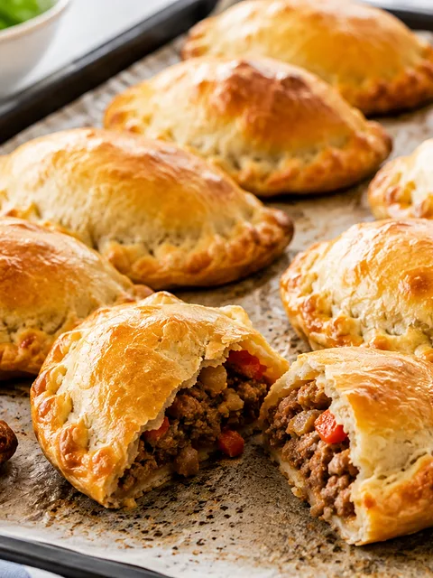 Empanadas al horno doradas en bandeja, una partida al medio con el relleno a la vista